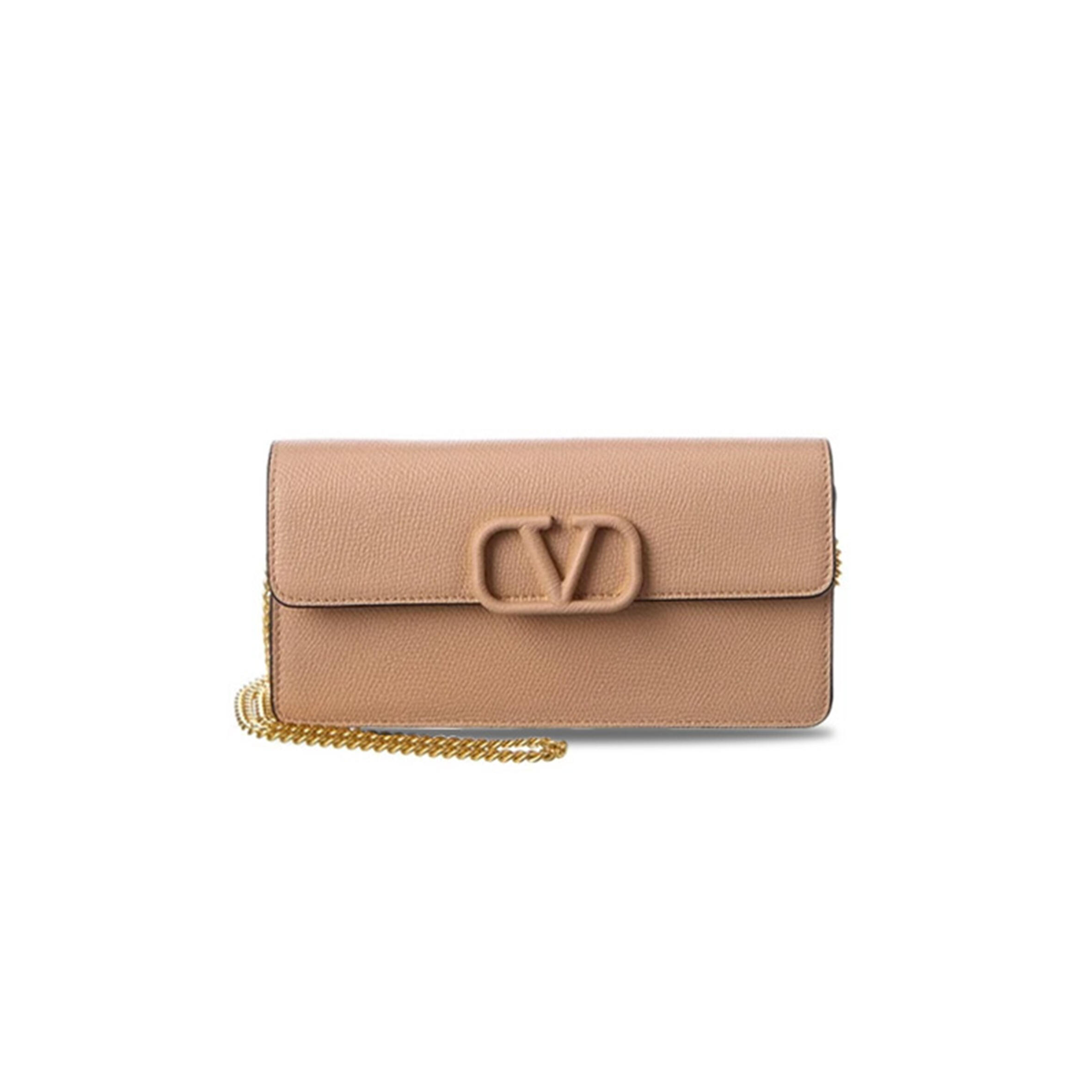VALENTINO VSLING GRAINY LEATHER WALLET ON CHAIN WOMEN'S PINK (20*11*4cm)